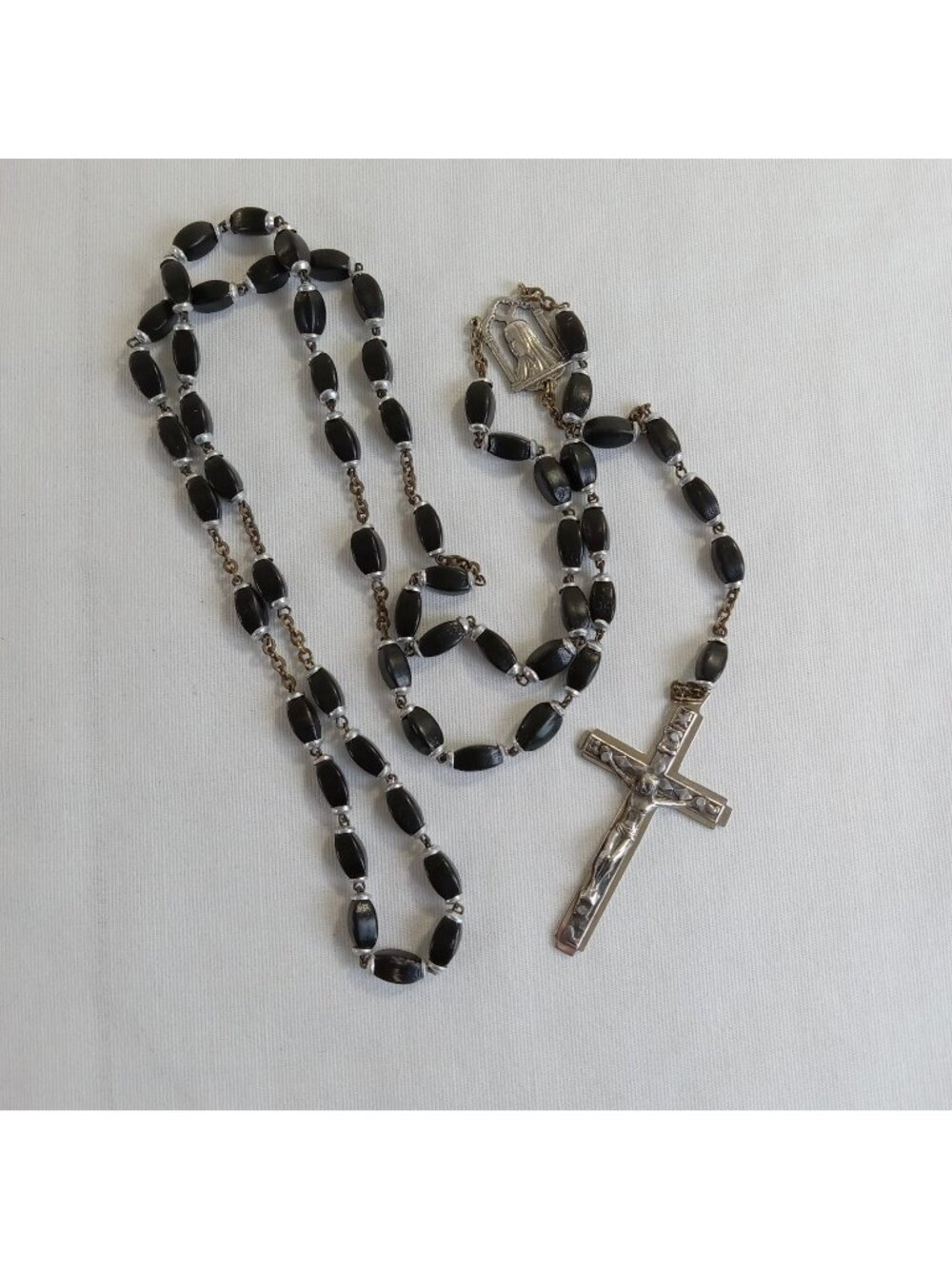 Vintage Black Wood Bead Rosary Catholic Italy Crucifix Marian Medal Prayer Beads